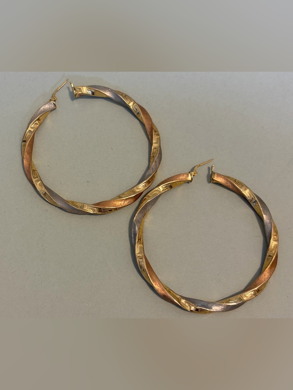Tri-Tone Twisted Hoop Earrings - Gold, Rose, and Silver